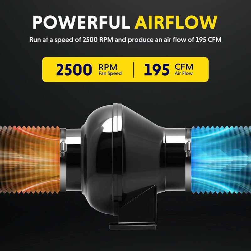 I-Power 4 Inch Inline Duct Fan, 195 CFM Ventilation Fan, Exhaust HVAC Vent Blower for Hydroponics, Grow Tents, Black - Image 2